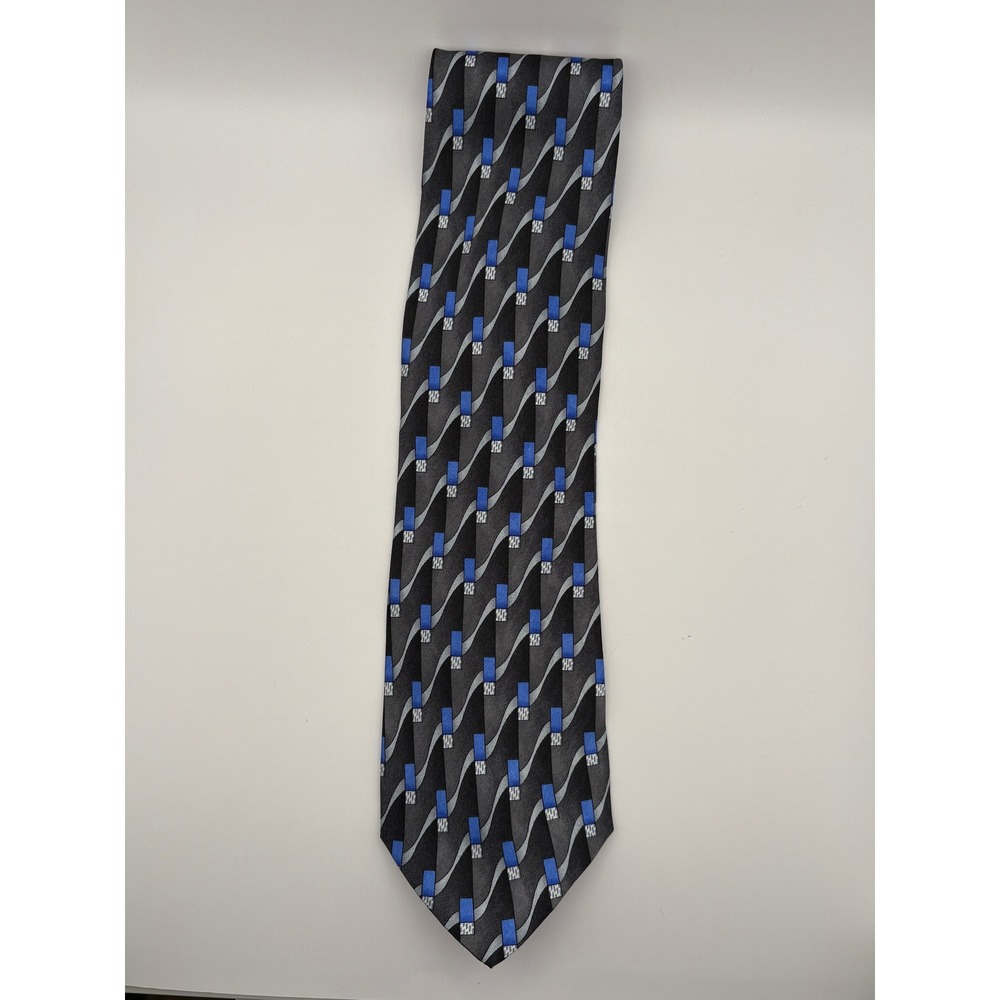 Louis Roth Mens Silk Tie Black Grey Blue Geometric Abstract Wavy Stripe Handmade